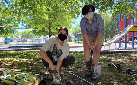 photo of Rowan Rindfleisch Huntley and Emmalee Keep taking soil samples